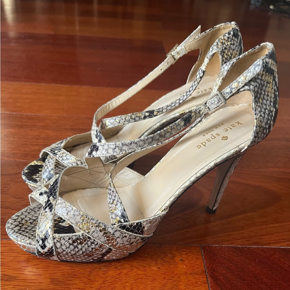 Kate Spade platform neutral snake metallic open toe heels 7 1/2 (gently worn)